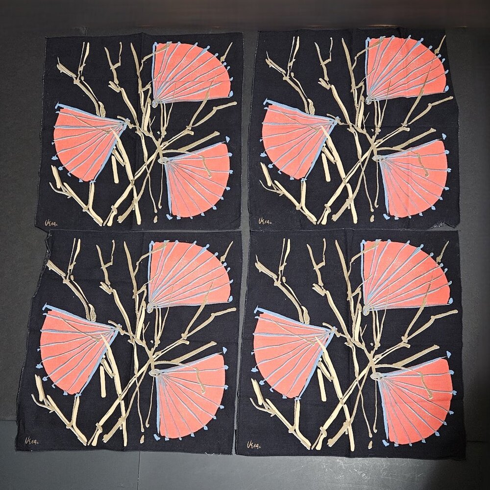 Vera Neumann Cloth Napkins Coral Fans Brown Bamboo on Black Set of 4